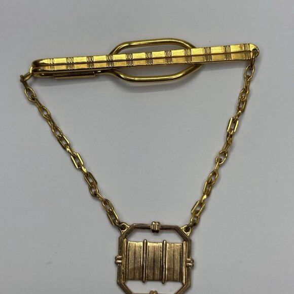 Vintage Swank Tie Clip Bar & Limp Chain Gold Antique USA Made - Picture 4 of 6